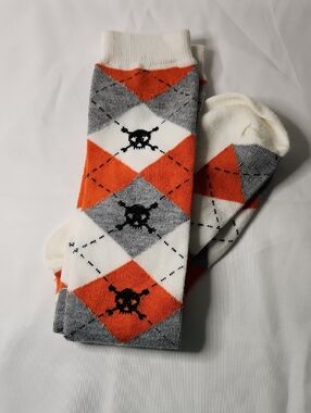 Skull Argyle Crew Socks - Orange, Gray & White